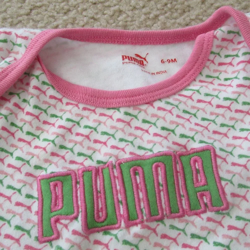 Puma One Piece Bodysuit Infant Girls Size 6-9M Pink‎ White Striped Short Sleeve